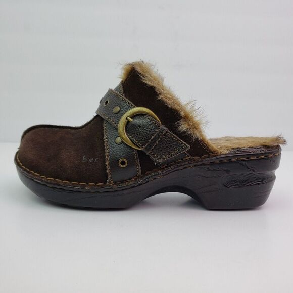 Boc Born Concept Womens Sz 8 Brown Suede Leather Slip On Faux Fur Mule Clog Shoe - Picture 3 of 11